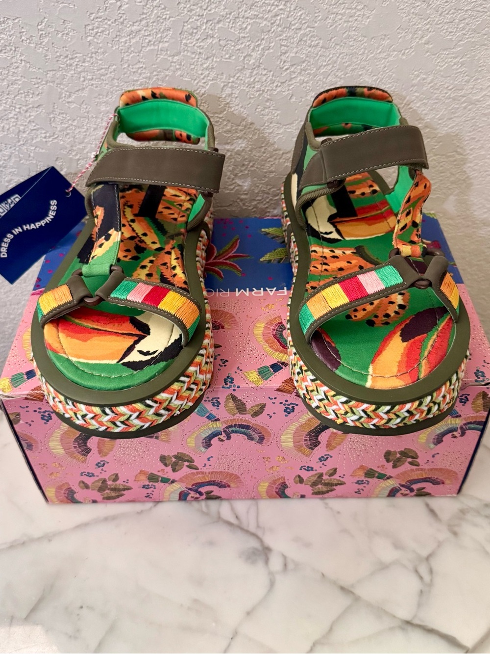 Farm Rio Toucan Raffia platform Sandals Tropical Velcro Platform,New! Brazilian - Picture 3 of 12